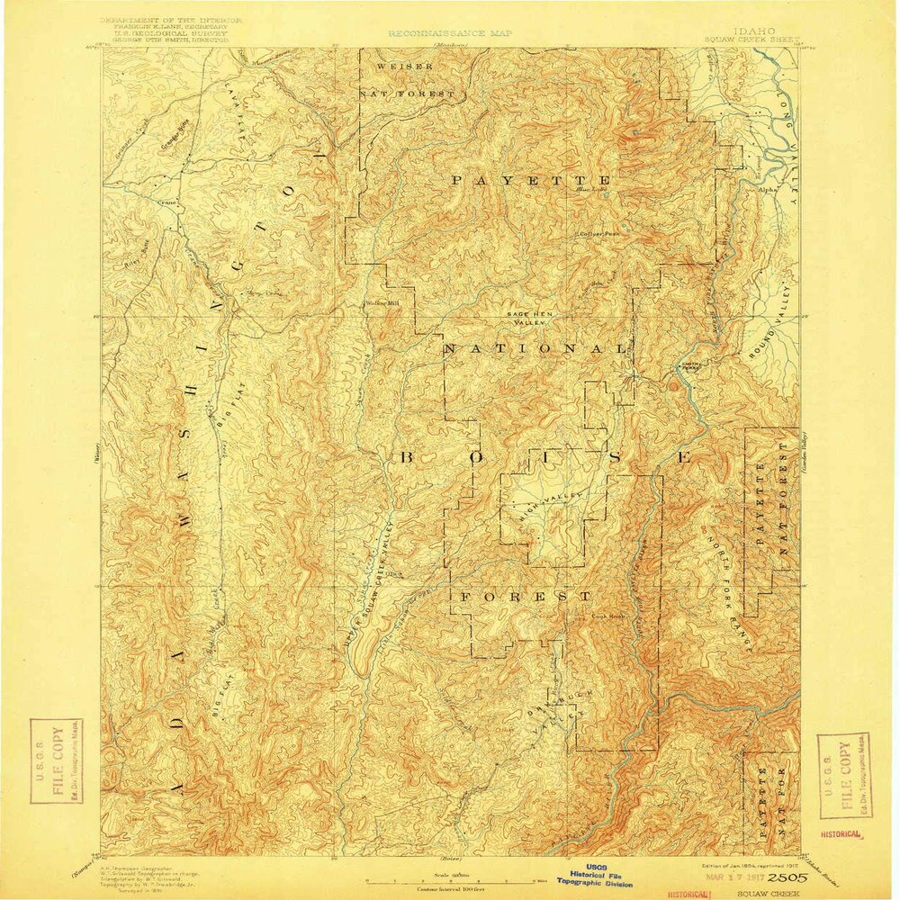 YellowMaps Squaw Creek ID topo map, 1:125000 Scale, 30 X 30 Minute, Historical, 1894, Updated 1917, 19.5 x 16.2 in - Tyvek