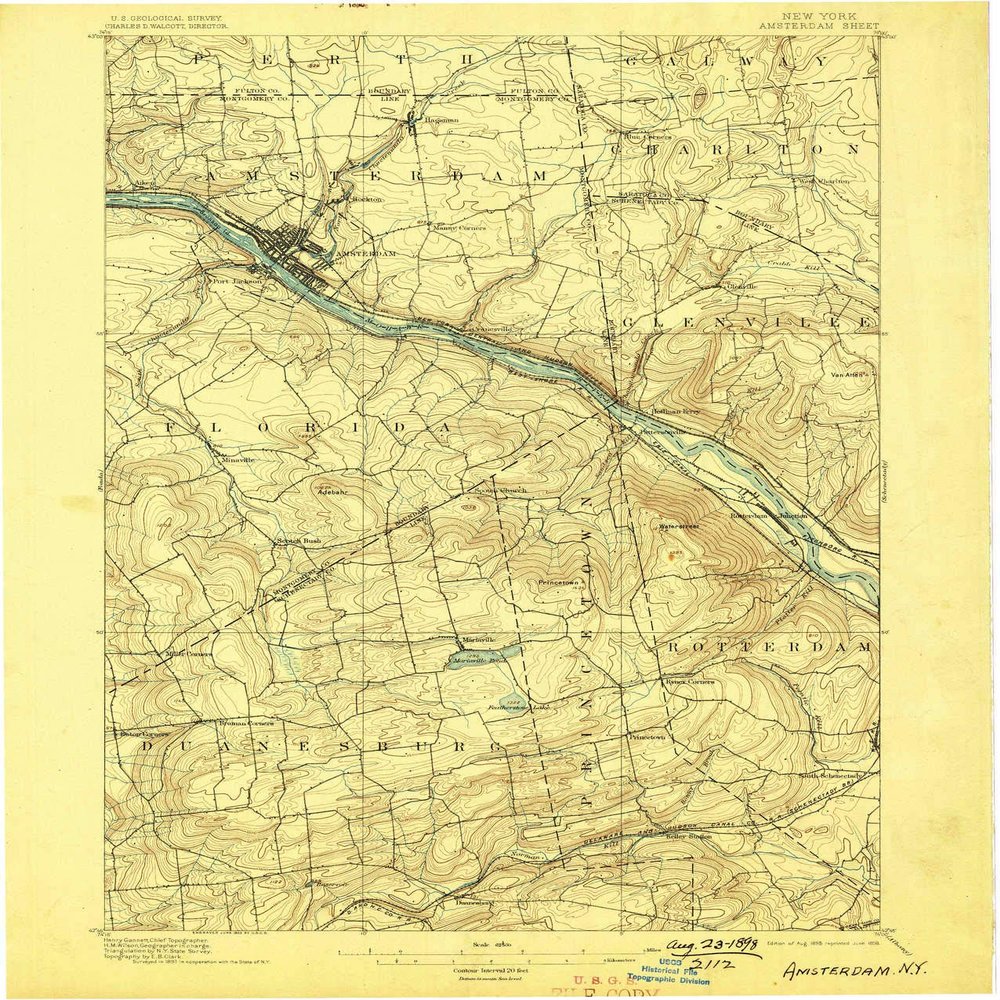 YellowMaps Amsterdam NY topo map, 1:62500 Scale, 15 X 15 Minute, Historical, 1895, Updated 1898, 19.5 x 16.5 in - Polypropylene