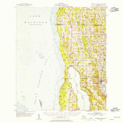 YellowMaps Central Lake MI topo map, 1:62500 Scale, 15 X 15 Minute, Historical, 1954, Updated 1955, 20.9 x 17 in - Polypropylene