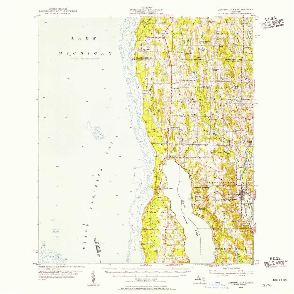 YellowMaps Central Lake MI topo map, 1:62500 Scale, 15 X 15 Minute, Historical, 1954, Updated 1955, 20.9 x 17 in - Polypropylene