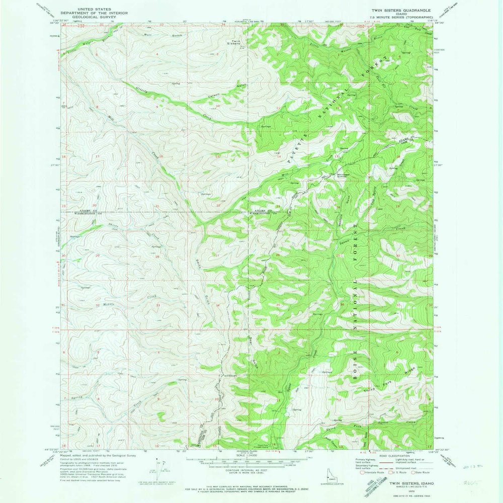 YellowMaps Twin Sisters ID topo map, 1:24000 Scale, 7.5 X 7.5 Minute, Historical, 1970, Updated 1974, 26.9 x 22 in - Tyvek