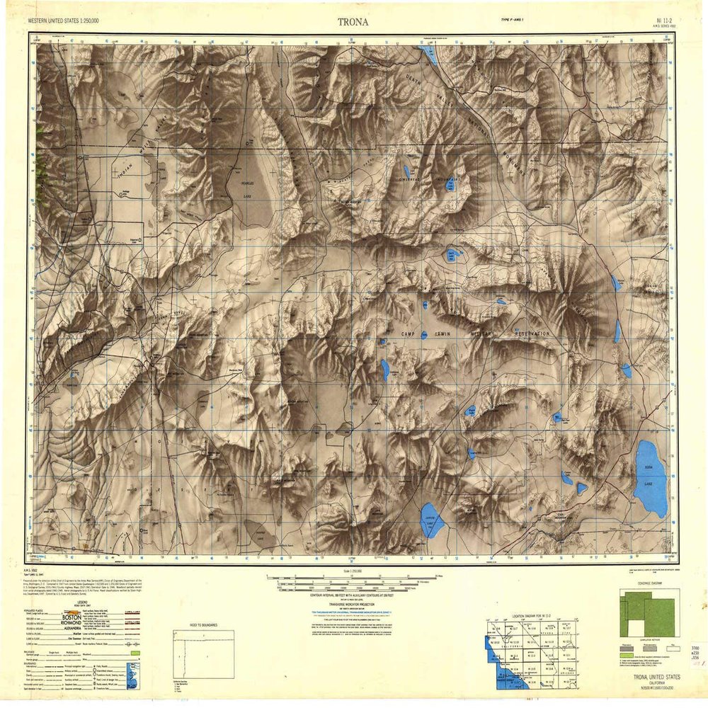 YellowMaps Trona CA topo map, 1:250000 Scale, 1 X 2 Degree, Historical, 1948, Updated 1948, 24.3 x 31.9 in - Tyvek