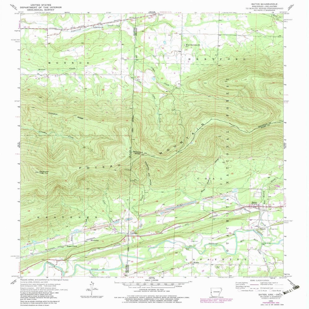 YellowMaps Bates AR topo map, 1:24000 Scale, 7.5 X 7.5 Minute, Historical, 1958, Updated 1979, 26.7 x 22 in - Polypropylene