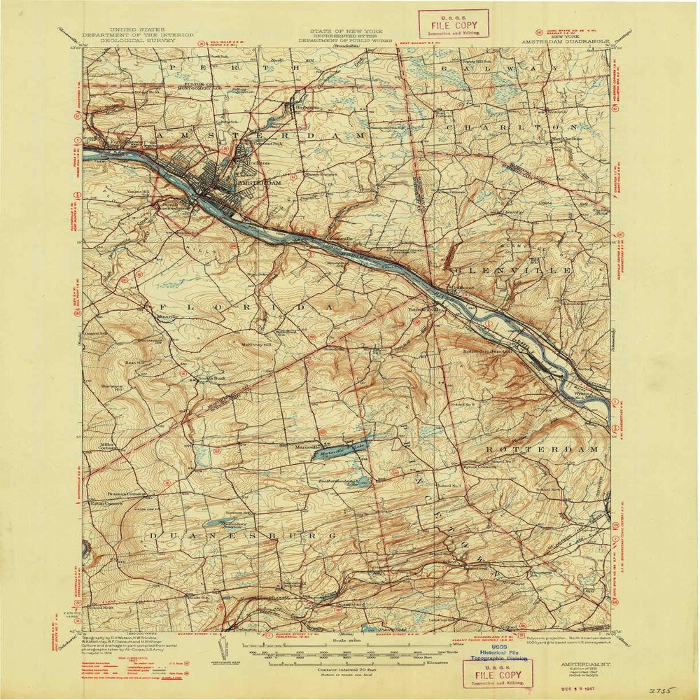 YellowMaps Amsterdam NY topo map, 1:62500 Scale, 15 X 15 Minute, Historical, 1931, Updated 1947, 20.9 x 17.1 in - Polypropylene