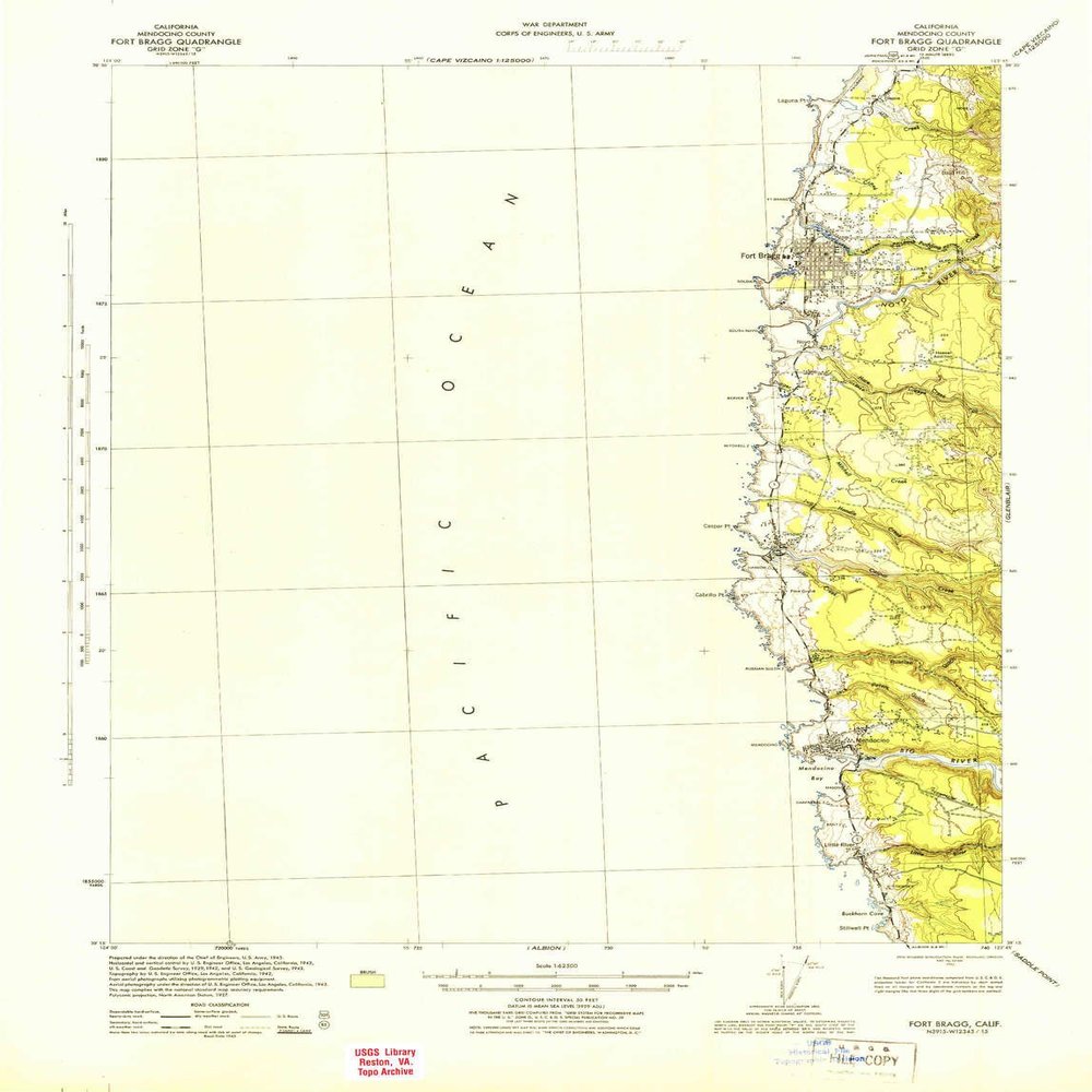 YellowMaps Fort Bragg CA topo map, 1:62500 Scale, 15 X 15 Minute, Historical, 1943, Updated 1943, 21.7 x 16.6 in - Polypropylene