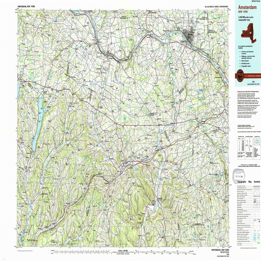 YellowMaps Amsterdam NY topo map, 1:100000 Scale, 30 X 60 Minute, Historical, 1985, Updated 1993, 24.1 x 39.9 in - Polypropylene