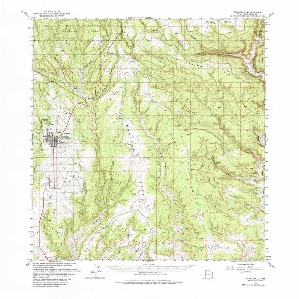 YellowMaps Blanding UT topo map, 1:62500 Scale, 15 X 15 Minute, Historical, 1957, Updated 1985, 21.7 x 18 in - Polypropylene