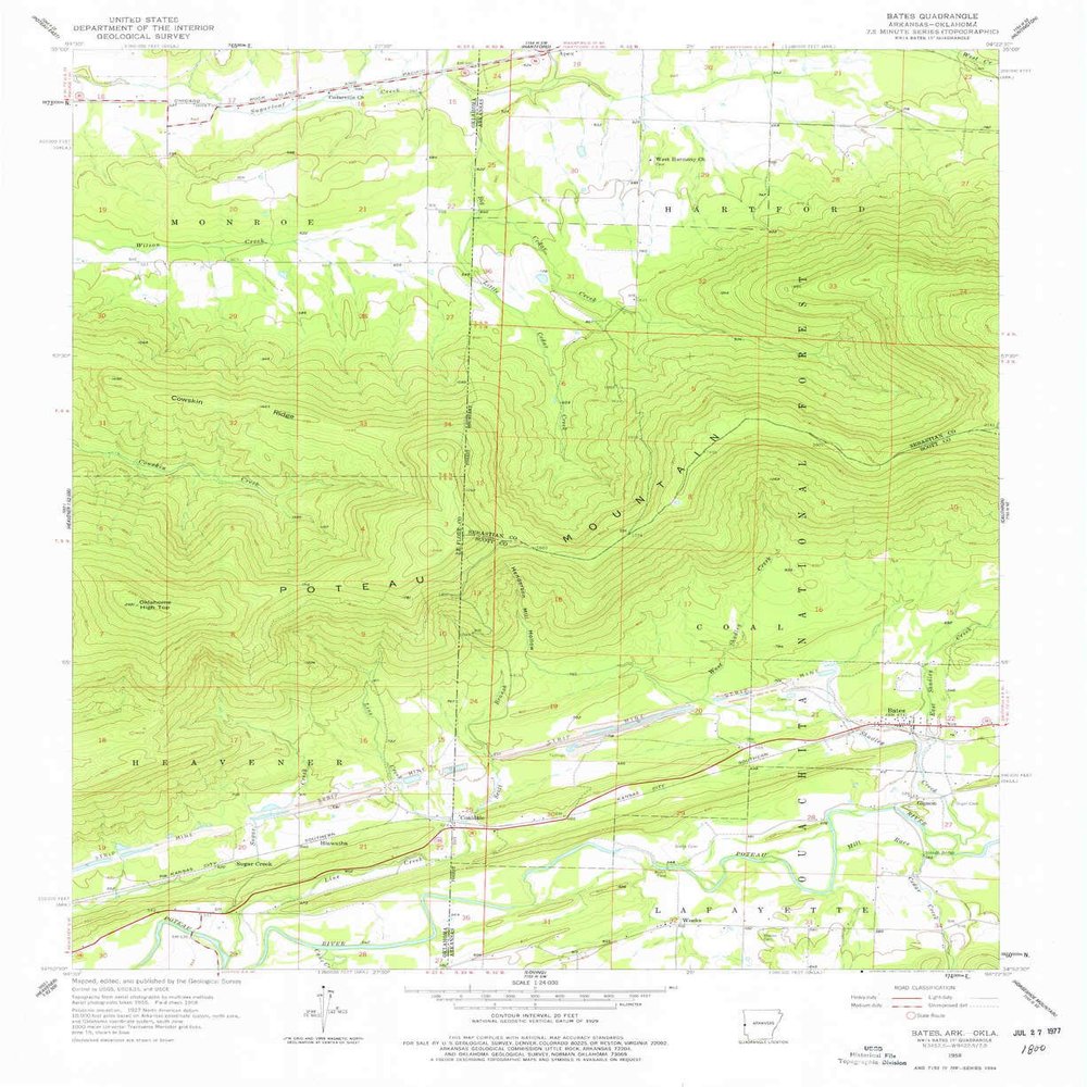 YellowMaps Bates AR topo map, 1:24000 Scale, 7.5 X 7.5 Minute, Historical, 1958, Updated 1977, 26.9 x 22 in - Polypropylene