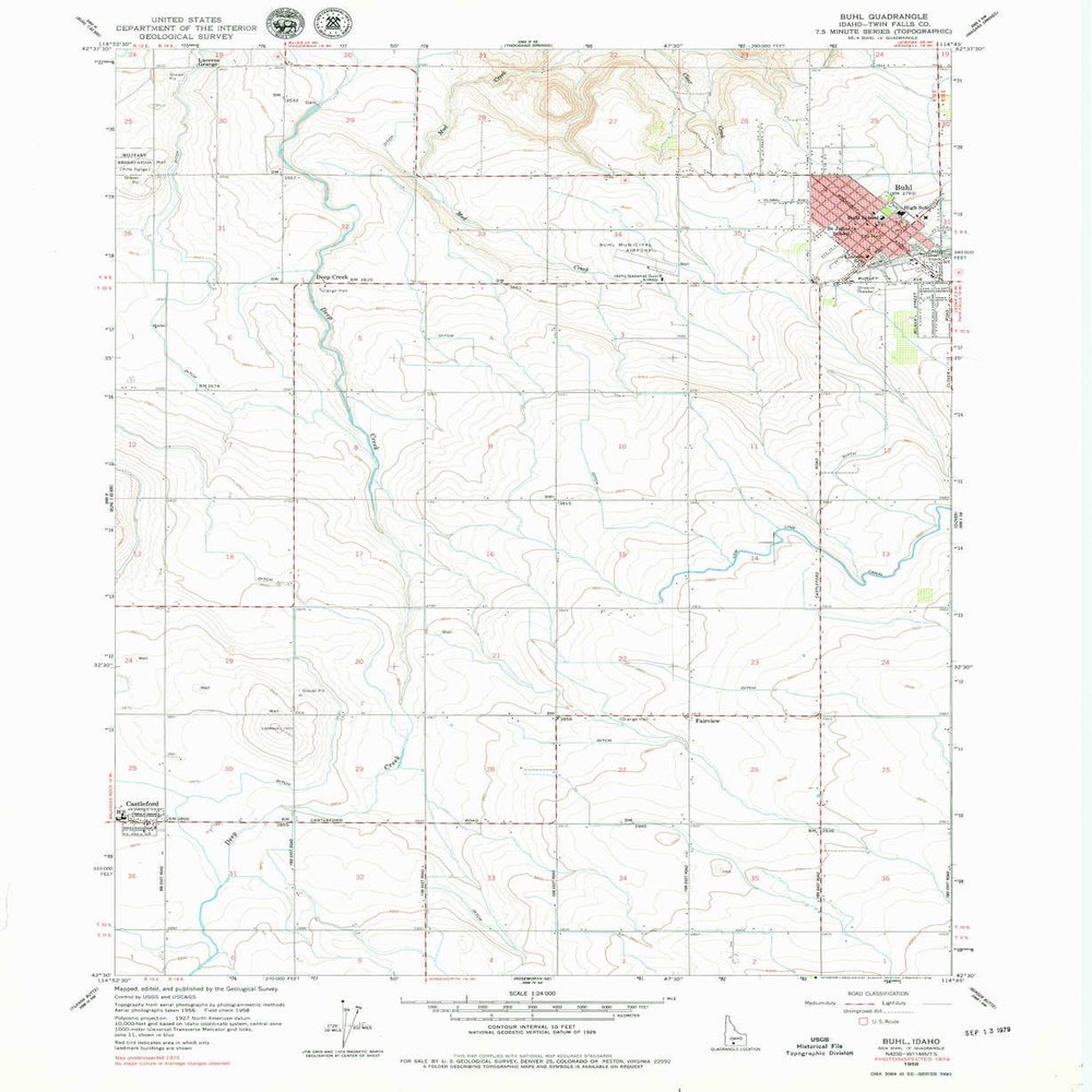 YellowMaps Buhl ID topo map, 1:24000 Scale, 7.5 X 7.5 Minute, Historical, 1958, Updated 1979, 26.9 x 22 in - Polypropylene