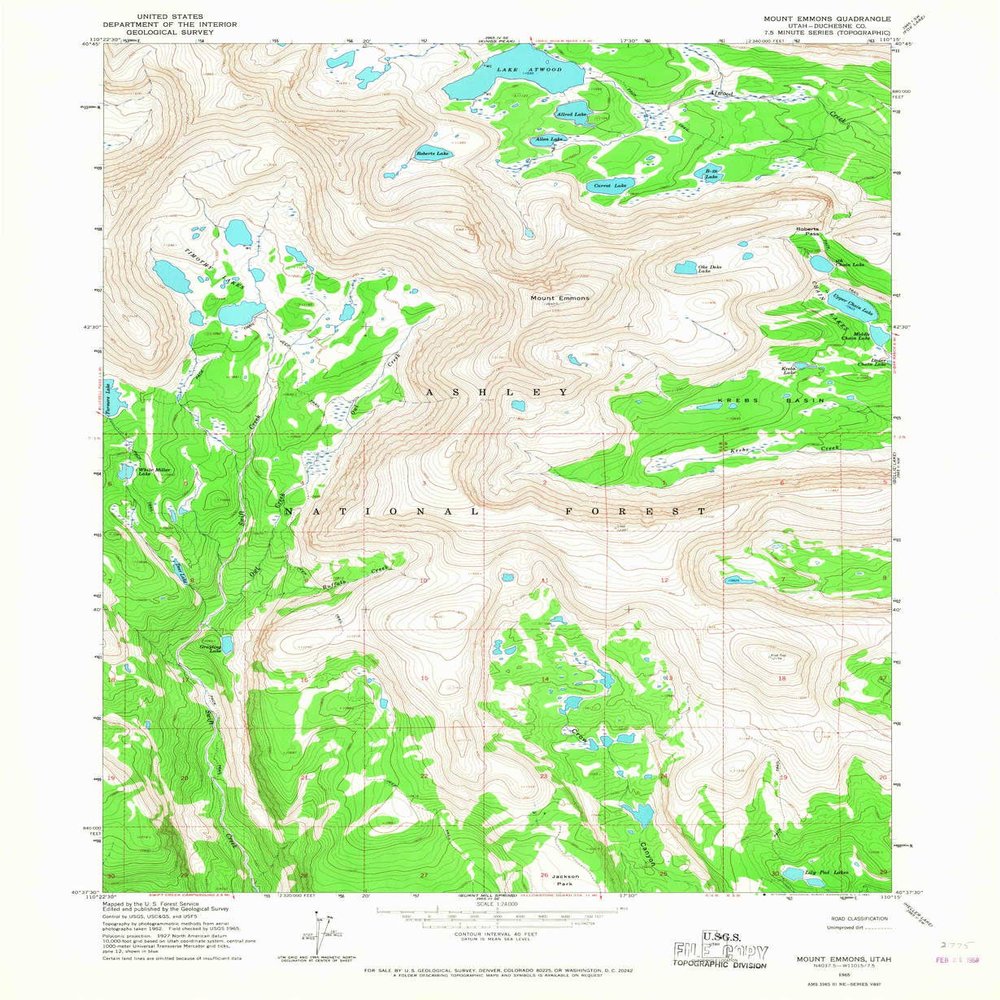 YellowMaps Mount Emmons UT topo map, 1:24000 Scale, 7.5 X 7.5 Minute, Historical, 1965, Updated 1967, 26.8 x 22 in - Tyvek