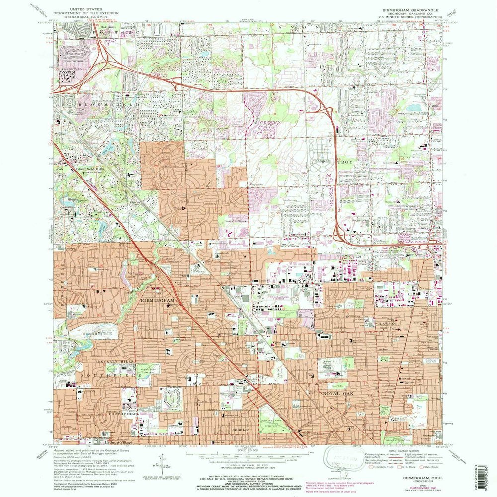 YellowMaps Birmingham MI topo map, 1:24000 Scale, 7.5 X 7.5 Minute, Historical, 1968, Updated 1989, 26.8 x 21.5 in - Polypropylene