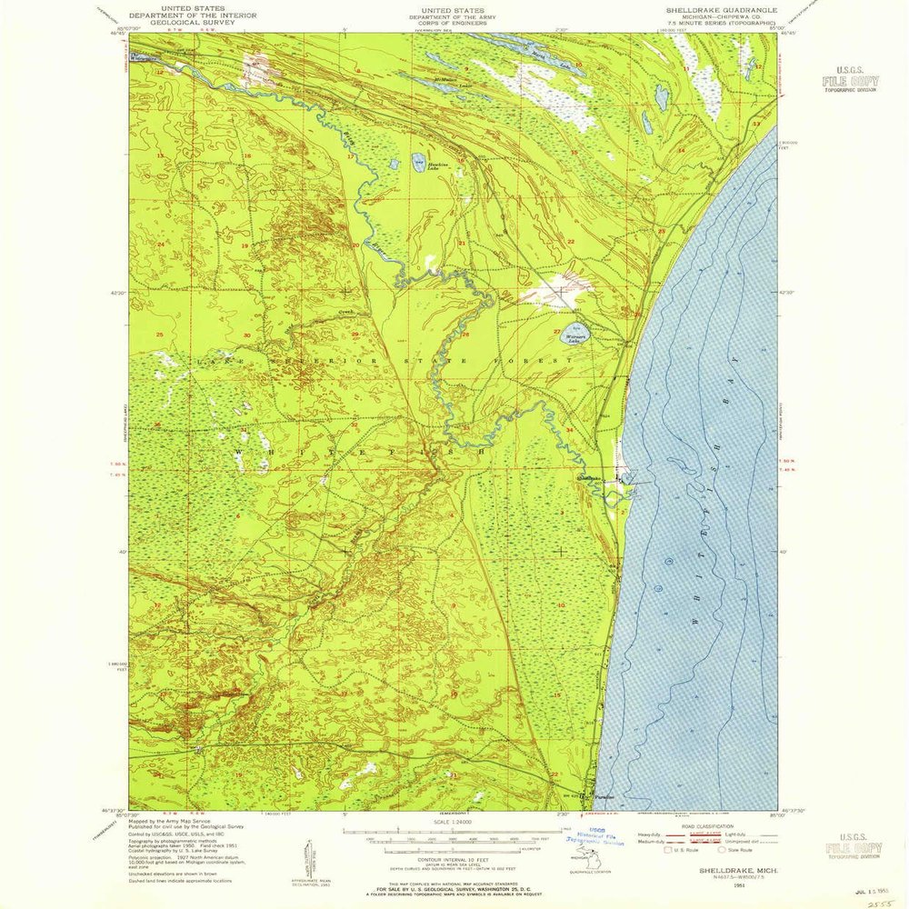 Shelldrake MI topo map, 1:24000 Scale, 7.5 X 7.5 Minute, Historical, 1951, Updated 1955, 26.6 x 22 in - Tyvek