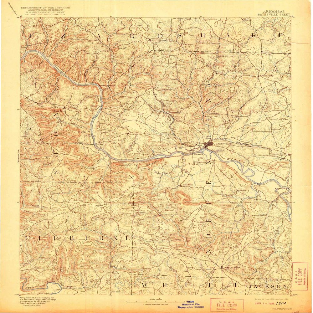 YellowMaps Batesville AR topo map, 1:125000 Scale, 30 X 30 Minute, Historical, 1891, Updated 1921, 19.7 x 16.4 in - Polypropylene