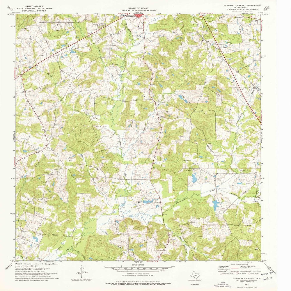 YellowMaps Berryhill Creek TX topo map, 1:24000 Scale, 7.5 X 7.5 Minute, Historical, 1973, Updated 1977, 26.9 x 23 in - Polypropylene