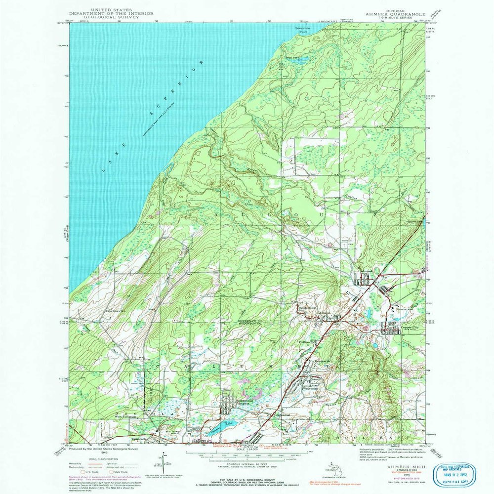 YellowMaps Ahmeek MI topo map, 1:24000 Scale, 7.5 X 7.5 Minute, Historical, 1946, Updated 1992, 26.7 x 21.5 in - Polypropylene