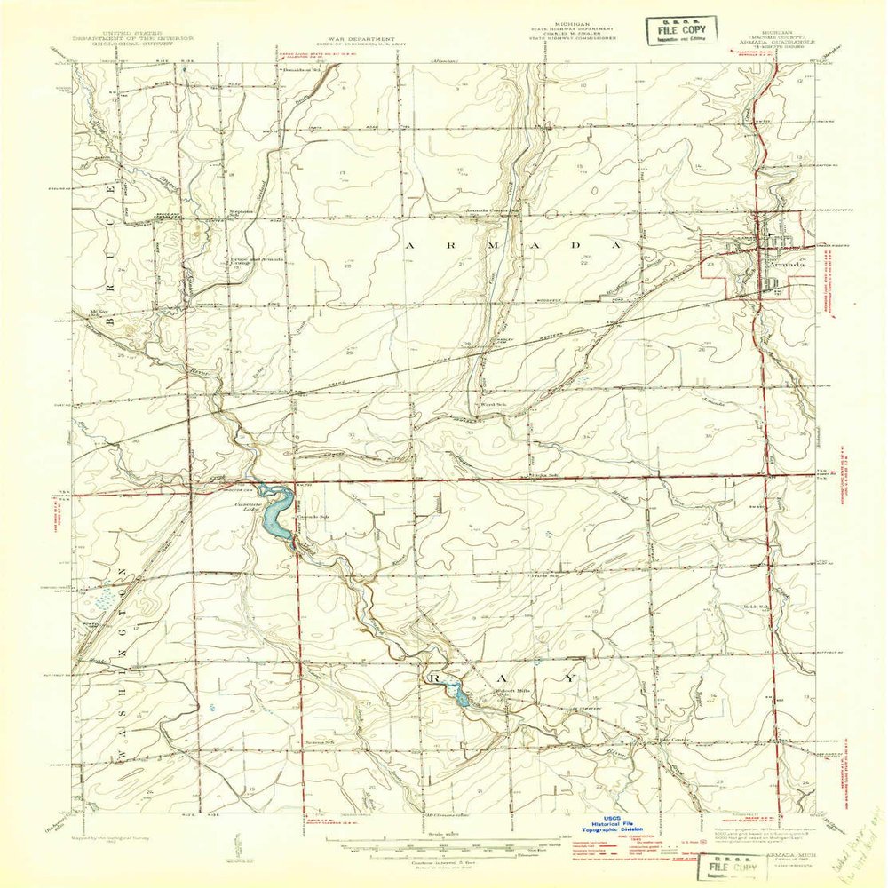 YellowMaps Armada MI topo map, 1:24000 Scale, 7.5 X 7.5 Minute, Historical, 1945, 27 x 20 in - Tyvek