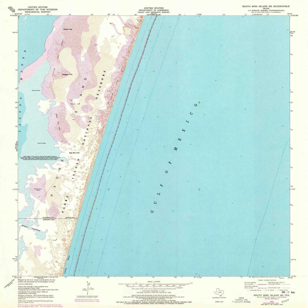 YellowMaps South Bird Island SE TX topo map, 1:24000 Scale, 7.5 X 7.5 Minute, Historical, 1951, Updated 1978, 26.8 x 23 in - Polypropylene