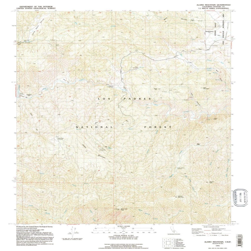 YellowMaps Alamo Mountain CA topo map, 1:24000 Scale, 7.5 X 7.5 Minute, Historical, 1991, Updated 1991, 26.8 x 22 in - Tyvek