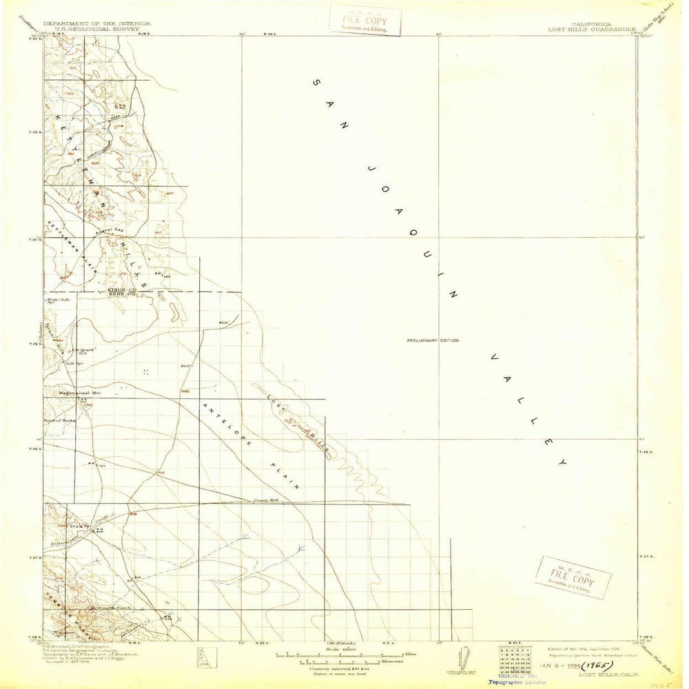 YellowMaps Lost Hills CA topo map, 1:125000 Scale, 30 X 30 Minute, Historical, 1914, Updated 1928, 19.9 x 16.6 in - Tyvek
