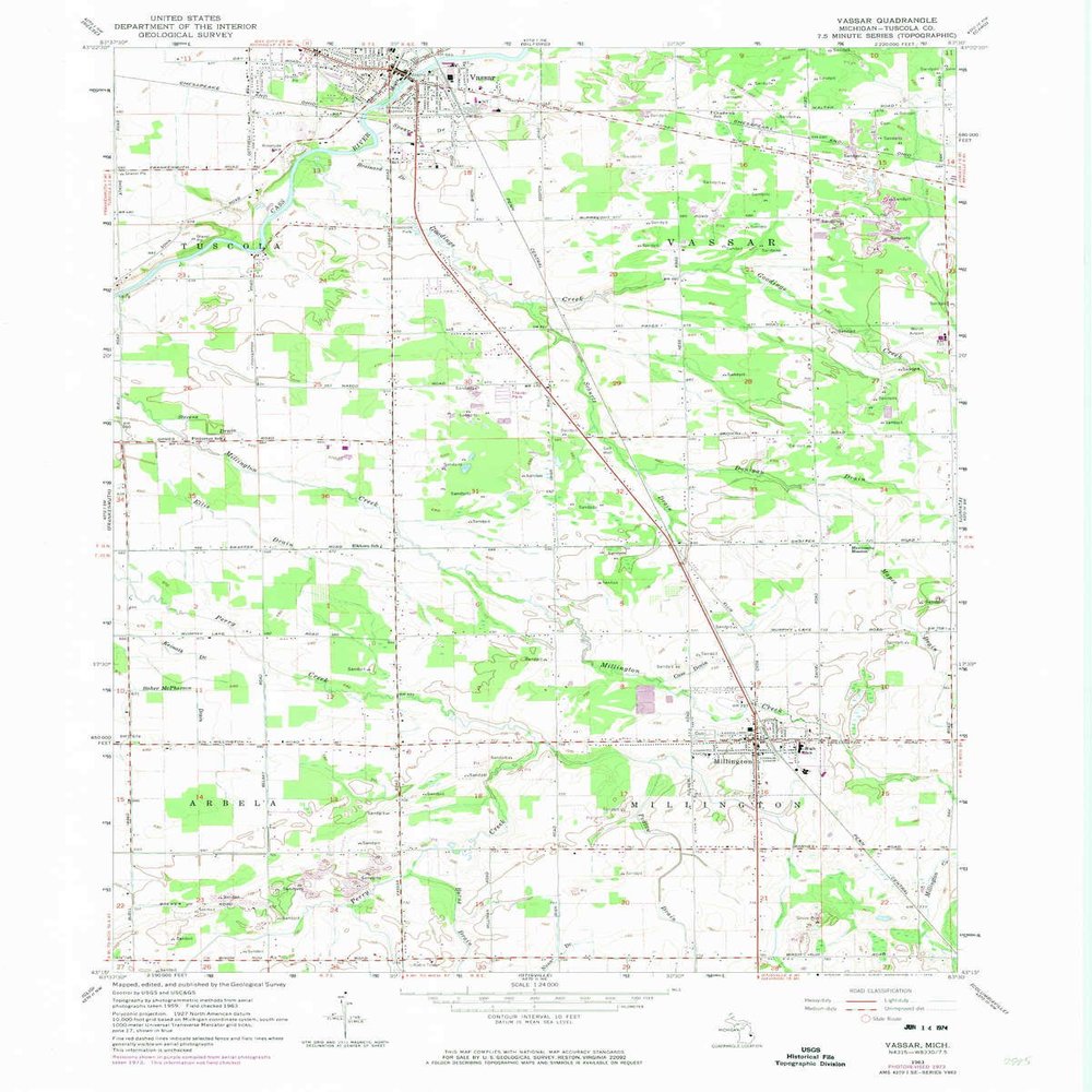 YellowMaps Vassar MI topo map, 1:24000 Scale, 7.5 X 7.5 Minute, Historical, 1963, Updated 1974, 26.9 x 21.5 in - Polypropylene