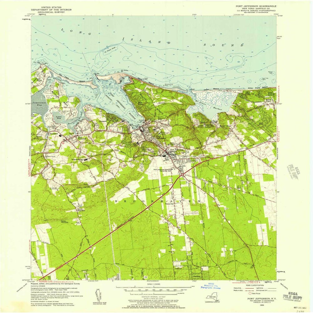 YellowMaps Port Jefferson NY topo map, 1:24000 Scale, 7.5 X 7.5 Minute, Historical, 1955, Updated 1957, 26.9 x 22 in - Polypropylene