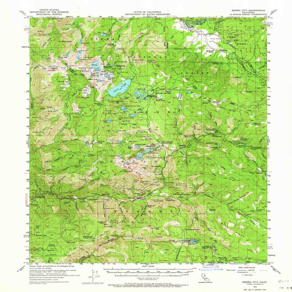 YellowMaps Sierra City CA topo map, 1:62500 Scale, 15 X 15 Minute, Historical, 1955, Updated 1964, 20.8 x 16.6 in - Tyvek