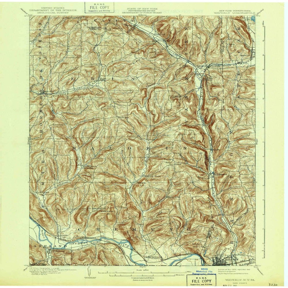 YellowMaps Waverly NY topo map, 1:62500 Scale, 15 X 15 Minute, Historical, 1902, Updated 1943, 20.1 x 16.6 in - Polypropylene