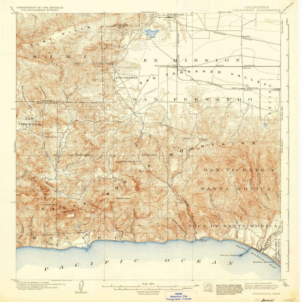 YellowMaps Calabasas CA topo map, 1:62500 Scale, 15 X 15 Minute, Historical, 1903, Updated 1937, 19.8 x 16.6 in - Polypropylene