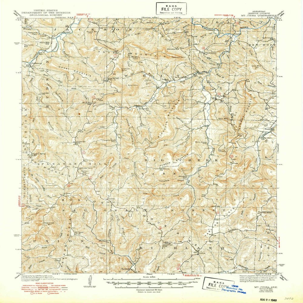 YellowMaps Mt Judea AR topo map, 1:62500 Scale, 15 X 15 Minute, Historical, 1940, Updated 1949, 20.8 x 16.9 in - Polypropylene