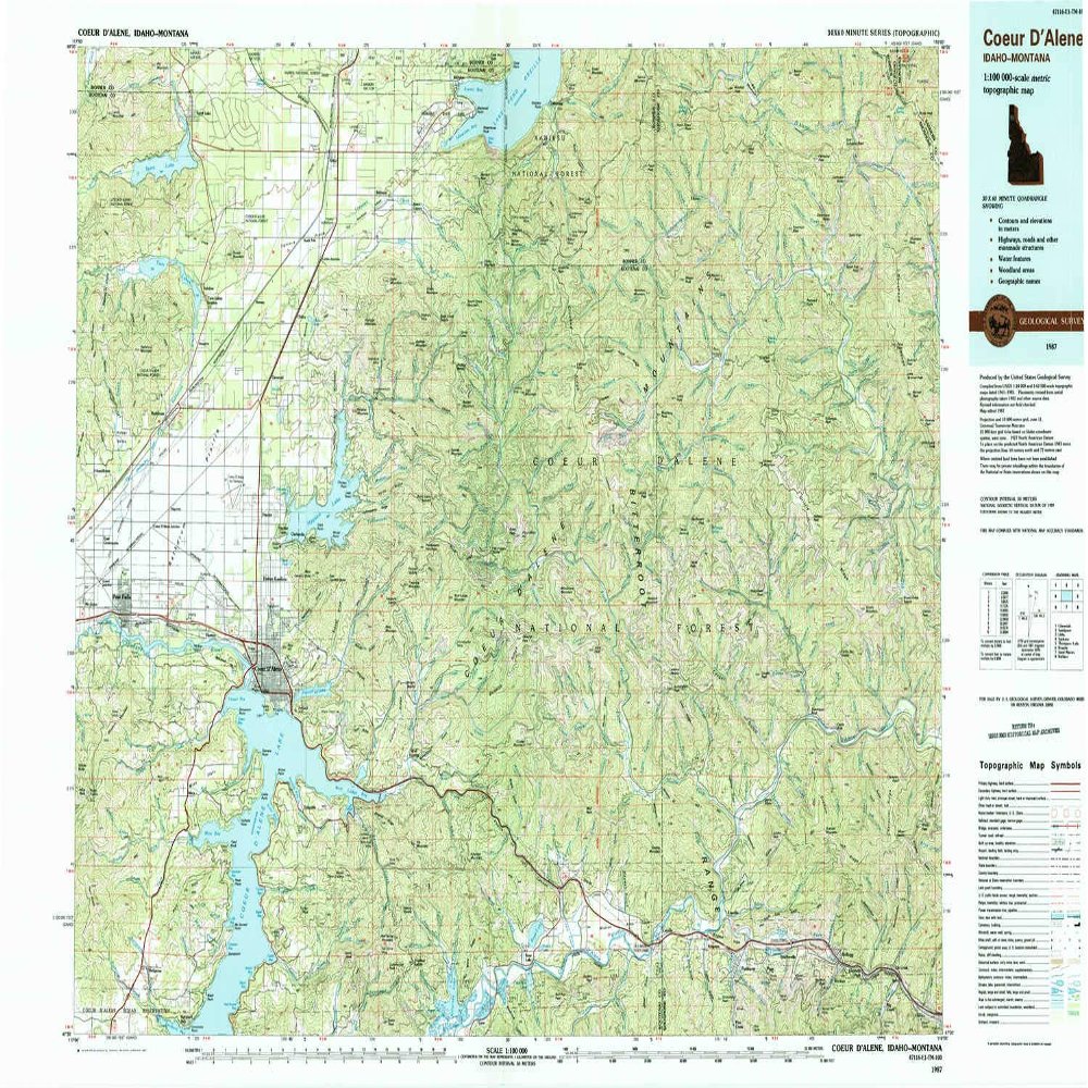 YellowMaps Coeur D Alene ID topo map, 1:100000 Scale, 30 X 60 Minute, Historical, 1987, Updated 1987, 24.1 x 37.2 in - Tyvek