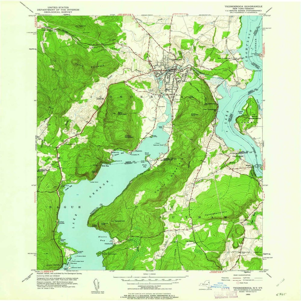 YellowMaps Ticonderoga NY topo map, 1:24000 Scale, 7.5 X 7.5 Minute, Historical, 1950, Updated 1962, 26.9 x 22 in - Polypropylene
