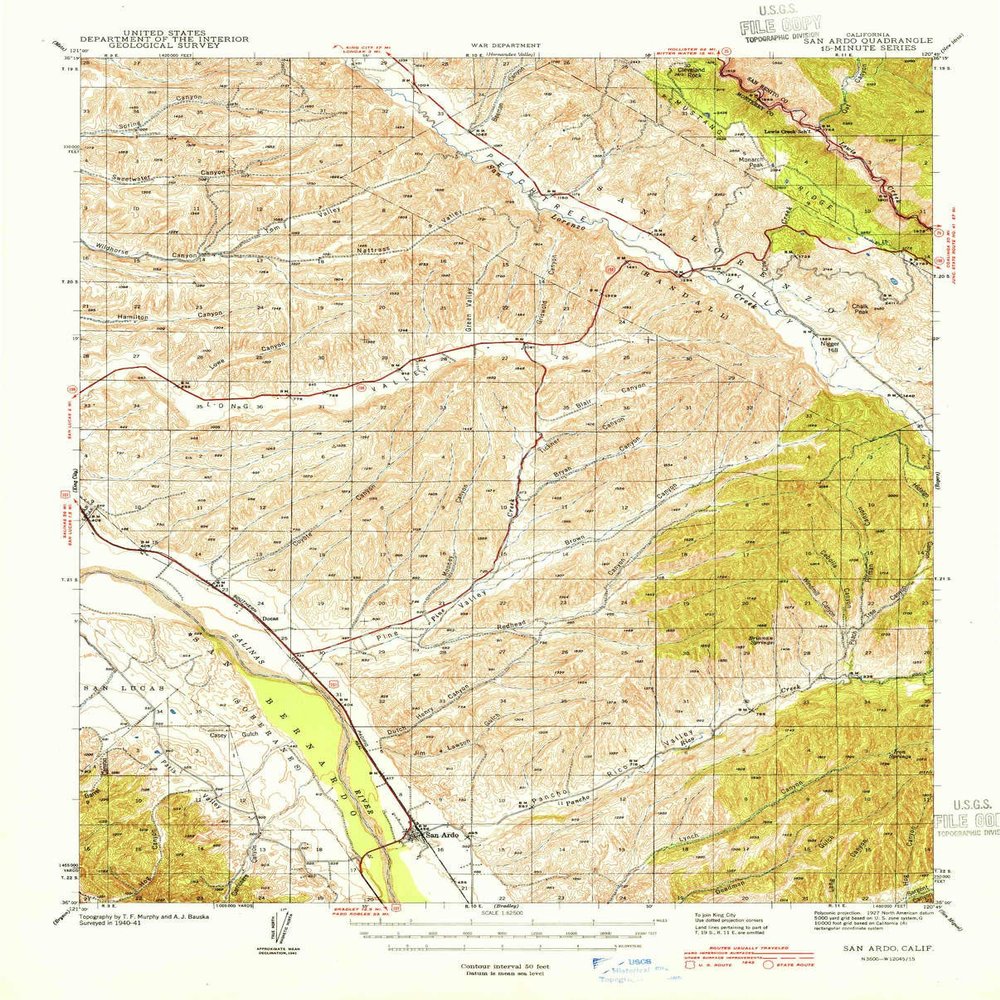 YellowMaps San Ardo CA topo map, 1:62500 Scale, 15 X 15 Minute, Historical, 1941, 20.7 x 16.6 in - Tyvek