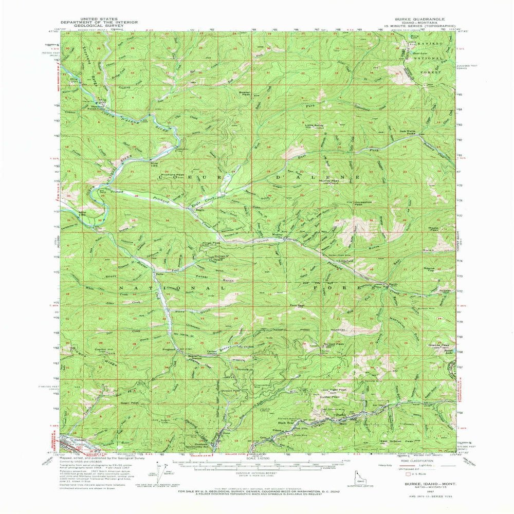 YellowMaps Burke ID topo map, 1:62500 Scale, 15 X 15 Minute, Historical, 1957, Updated 1969, 21.4 x 15.4 in - Polypropylene