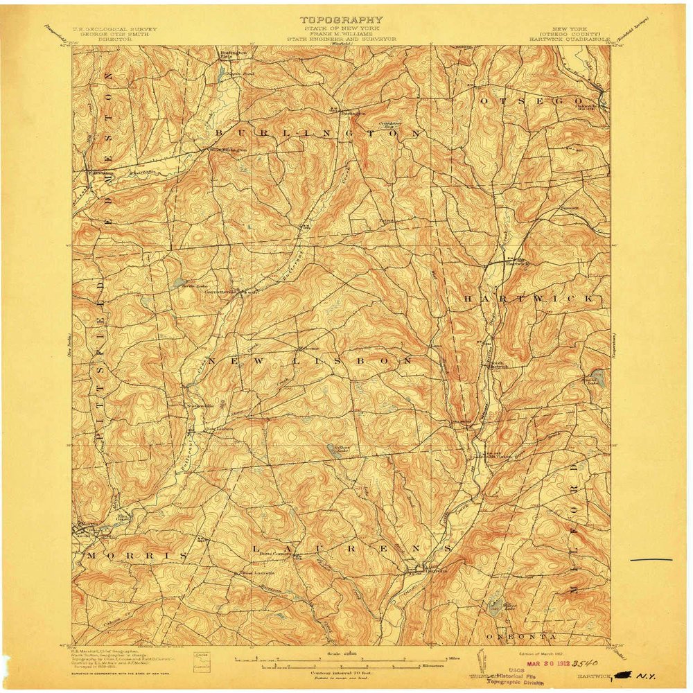 YellowMaps Hartwick NY topo map, 1:62500 Scale, 15 X 15 Minute, Historical, 1912, 20.1 x 16.6 in - Tyvek