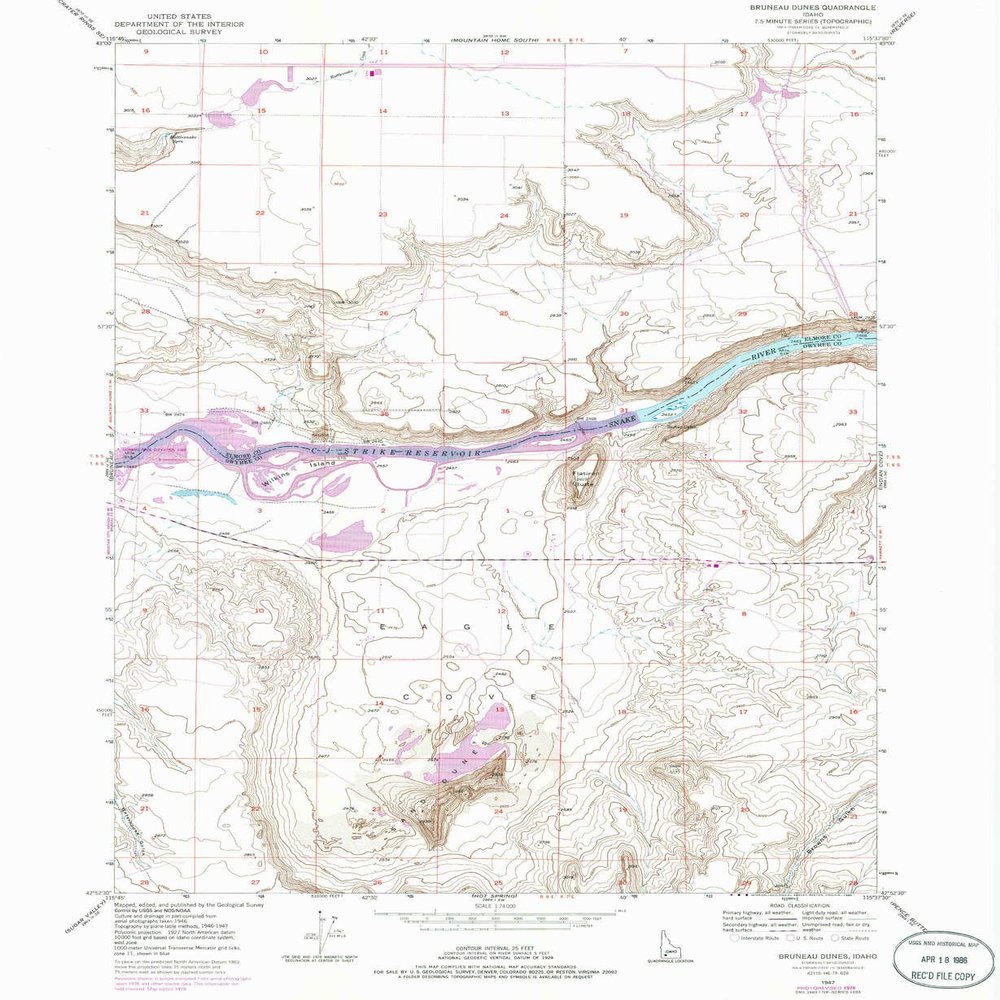 YellowMaps Bruneau Dunes ID topo map, 1:24000 Scale, 7.5 X 7.5 Minute, Historical, 1947, Updated 1986, 26.8 x 22 in - Tyvek