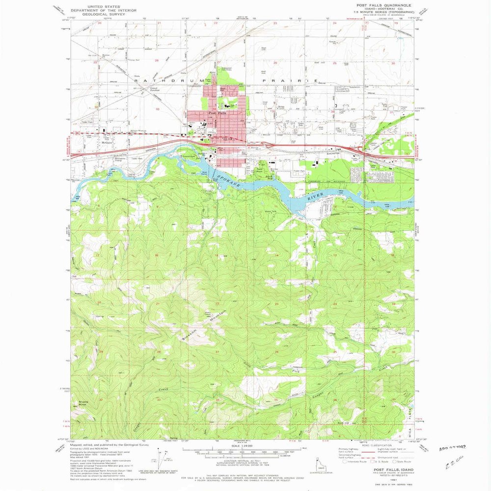 YellowMaps Post Falls ID topo map, 1:24000 Scale, 7.5 X 7.5 Minute, Historical, 1981, Updated 1982, 26.7 x 22 in - Tyvek
