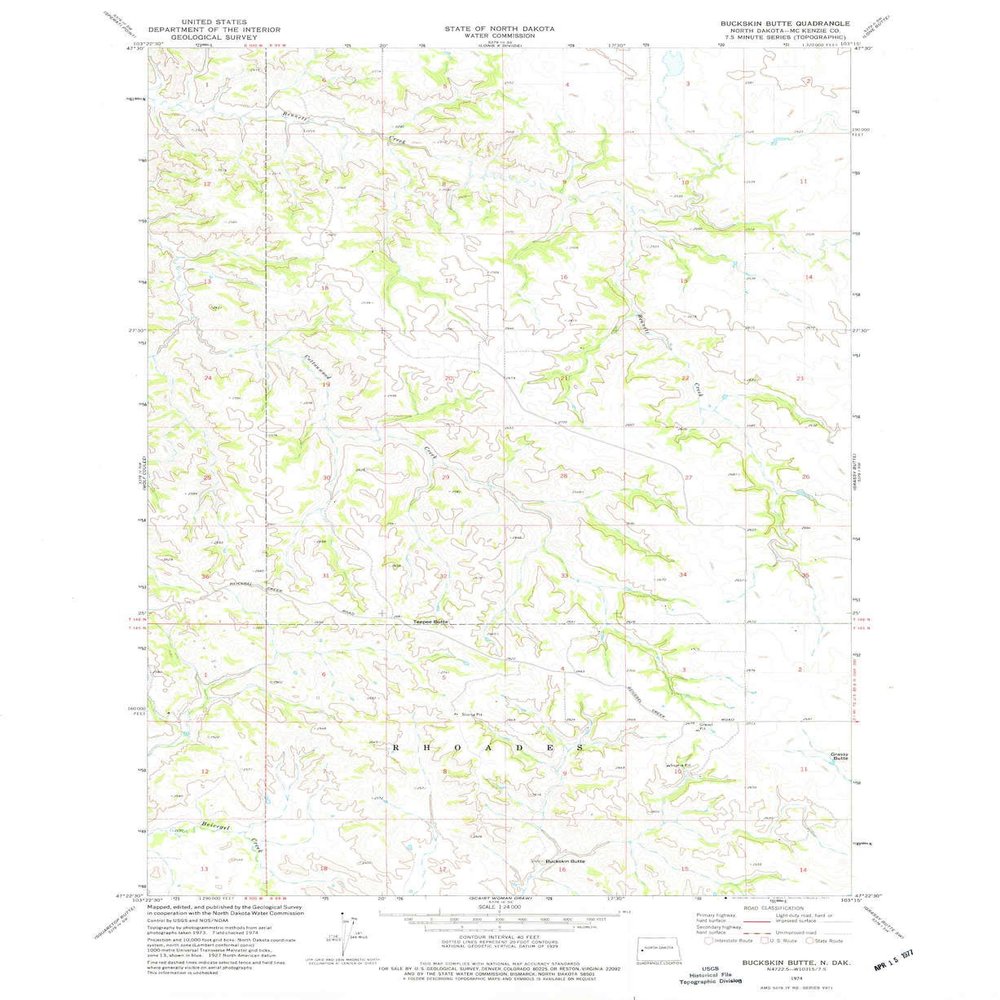 YellowMaps Buckskin Butte ND topo map, 1:24000 Scale, 7.5 X 7.5 Minute, Historical, 1974, Updated 1977, 27 x 22.1 in - Tyvek