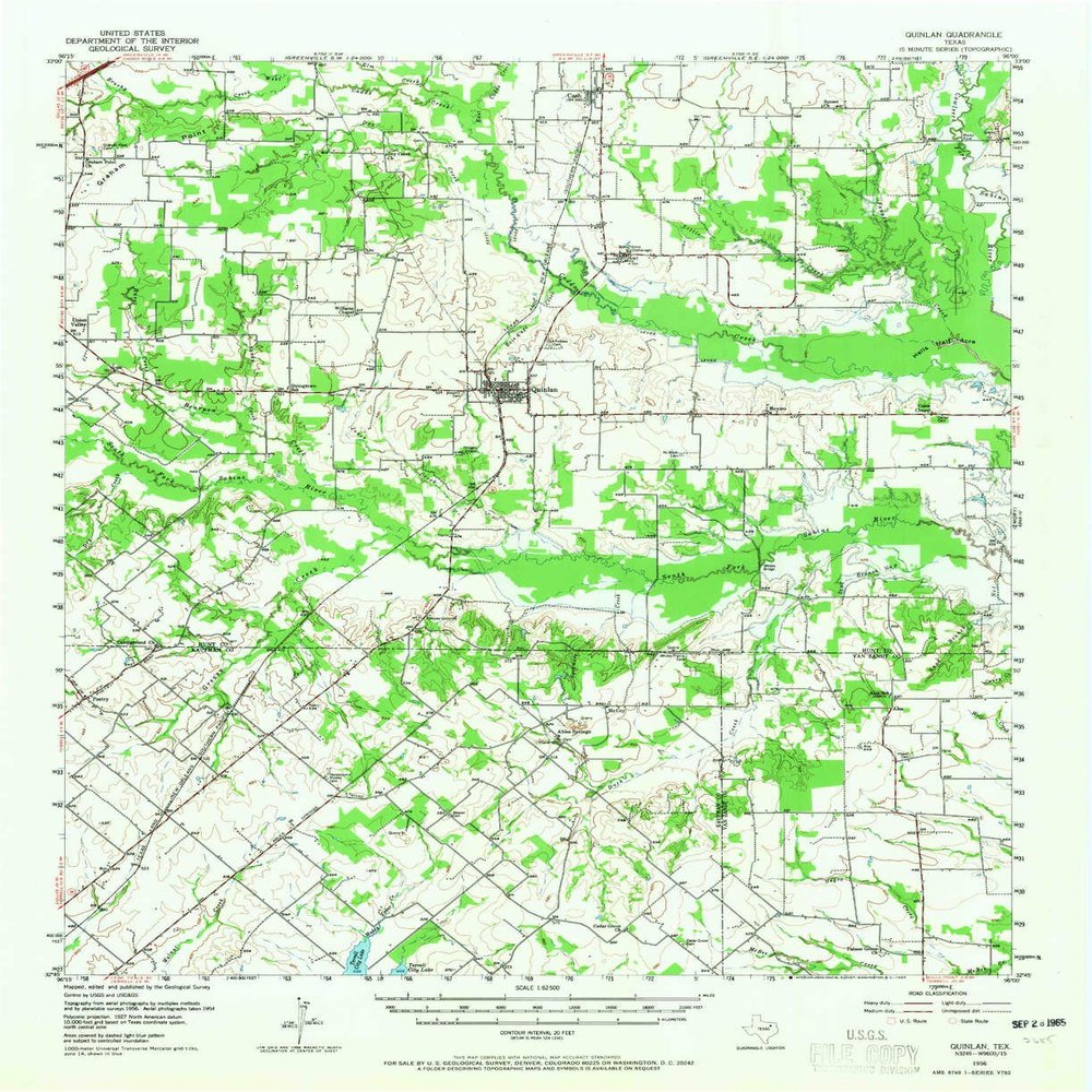YellowMaps Quinlan TX topo map, 1:62500 Scale, 15 X 15 Minute, Historical, 1956, Updated 1965, 20.9 x 17 in - Tyvek