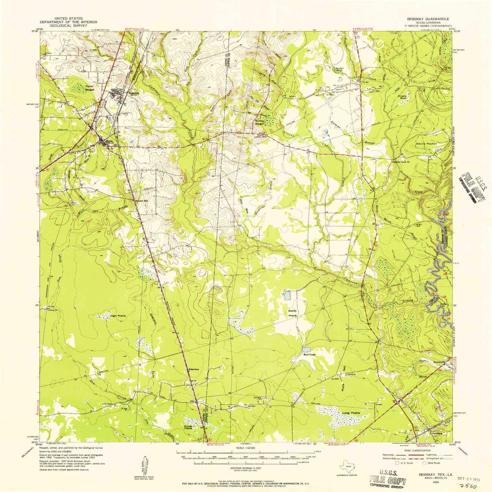 YellowMaps Bessmay TX topo map, 1:62500 Scale, 15 X 15 Minute, Historical, 1955, Updated 1956, 20.9 x 18.1 in - Polypropylene