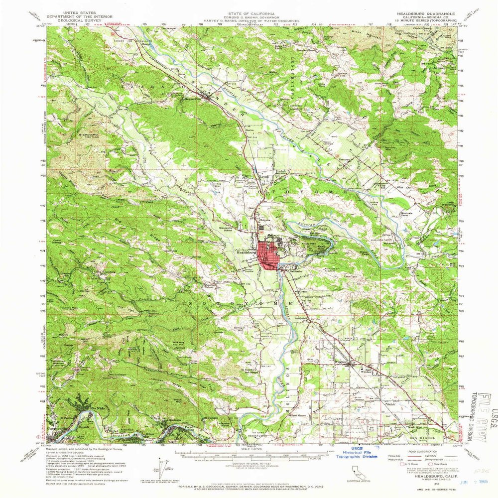YellowMaps Healdsburg CA topo map, 1:62500 Scale, 15 X 15 Minute, Historical, 1955, Updated 1966, 20.9 x 16.6 in - Polypropylene