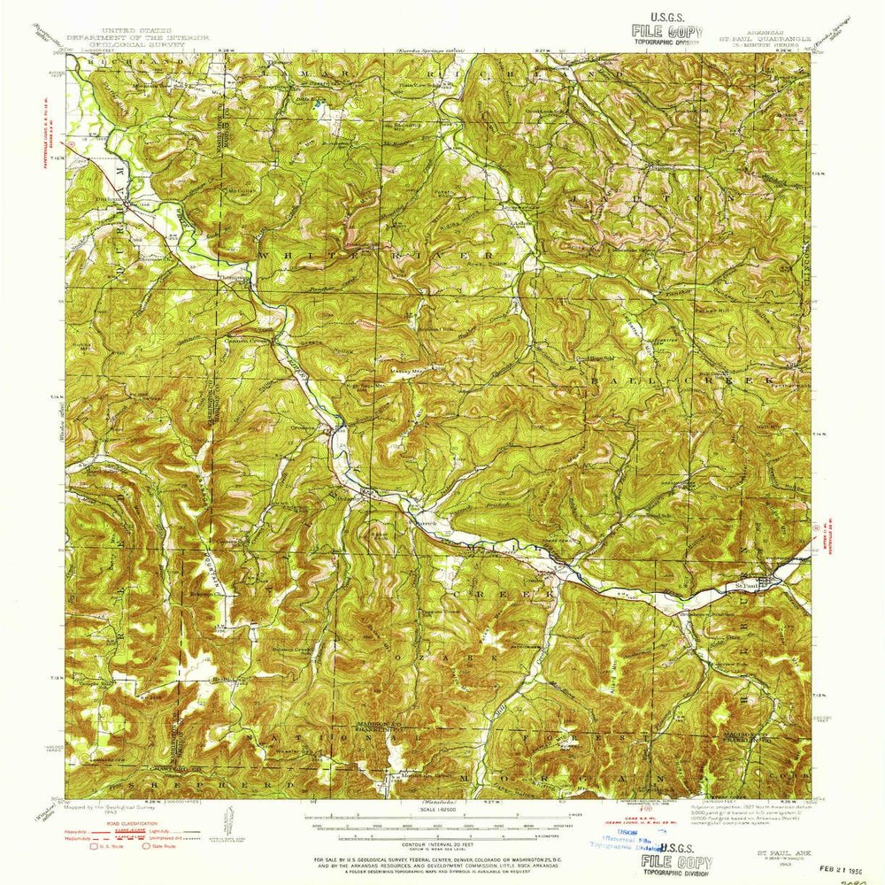 YellowMaps St Paul AR topo map, 1:62500 Scale, 15 X 15 Minute, Historical, 1943, Updated 1956, 20.7 x 16.9 in - Polypropylene