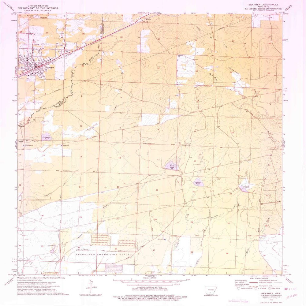 YellowMaps Bearden AR topo map, 1:24000 Scale, 7.5 X 7.5 Minute, Historical, 1973, Updated 1975, 26.7 x 22 in - Tyvek