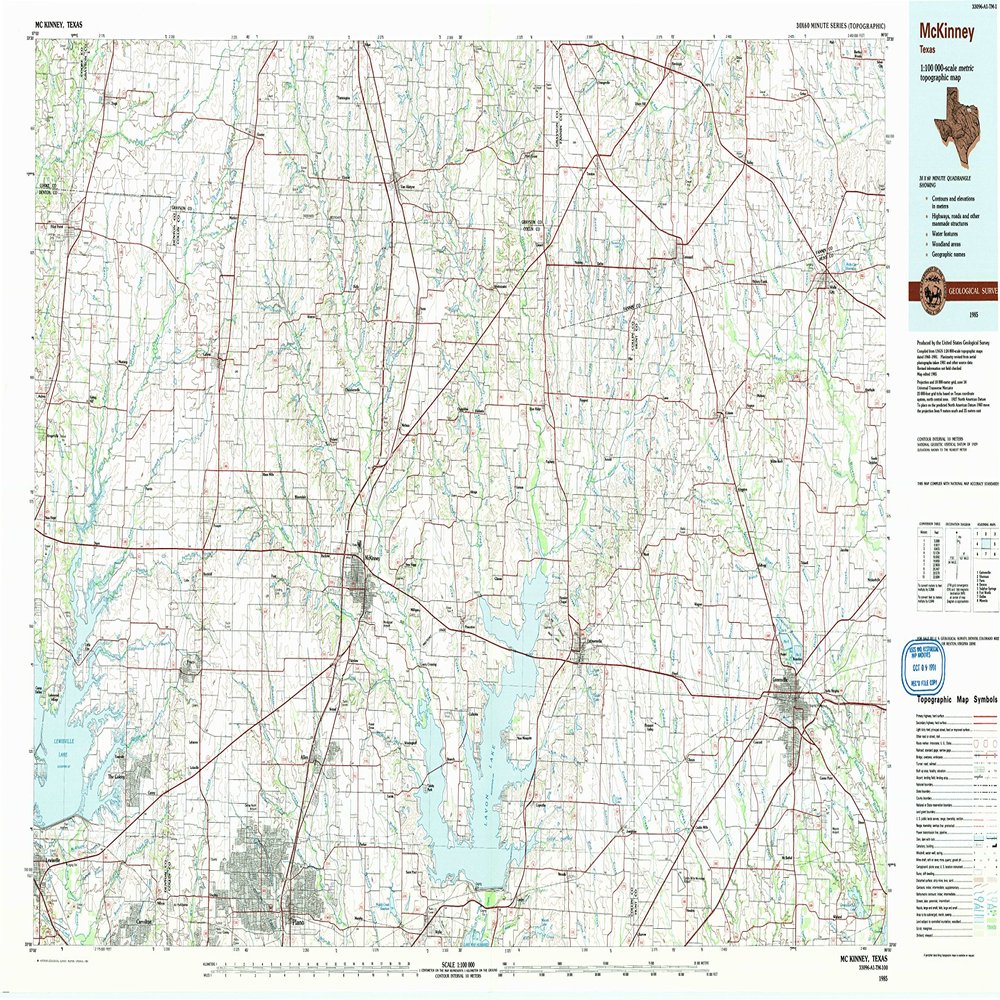 YellowMaps McKinney TX topo map, 1:100000 Scale, 30 X 60 Minute, Historical, 1985, Updated 1991, 24.1 x 43.1 in - Polypropylene