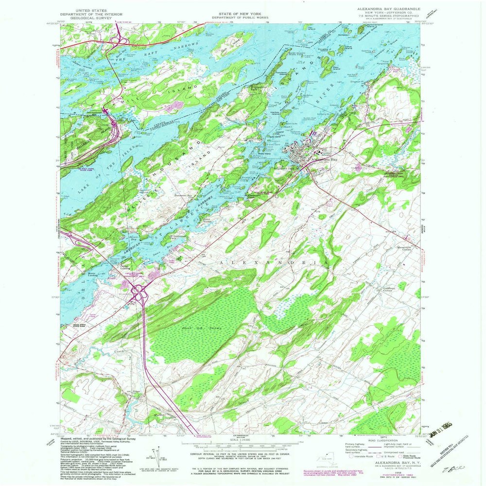 YellowMaps Alexandria Bay NY topo map, 1:24000 Scale, 7.5 X 7.5 Minute, Historical, 1958, Updated 1982, 26.9 x 22.1 in - Polypropylene