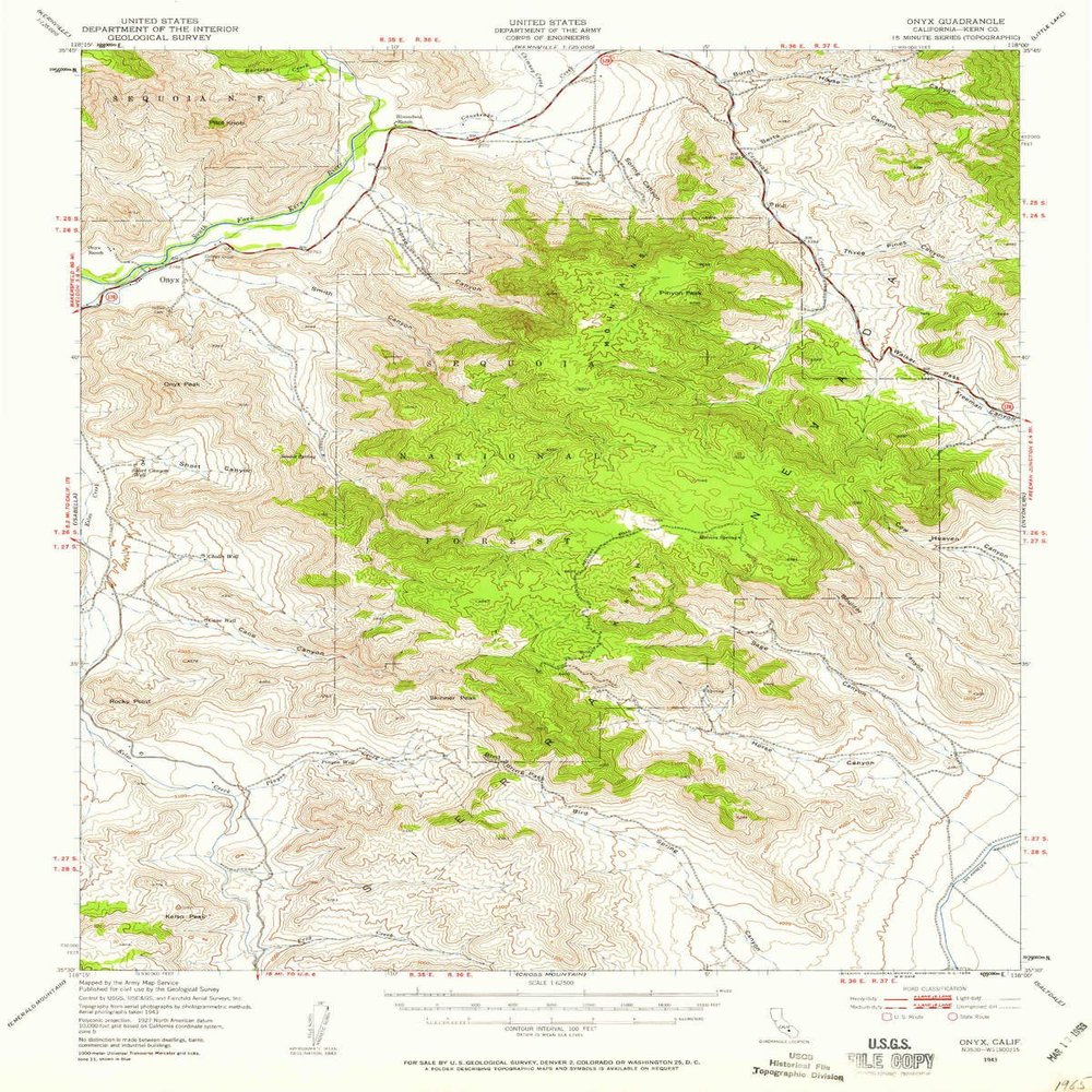 YellowMaps Onyx CA topo map, 1:62500 Scale, 15 X 15 Minute, Historical, 1943, Updated 1959, 20.7 x 16.6 in - Tyvek