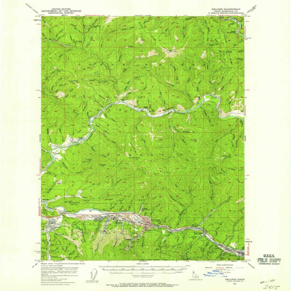 Kellogg ID topo map, 1:62500 Scale, 15 X 15 Minute, Historical, 1957, Updated 1959, 20.9 x 17 in - Tyvek