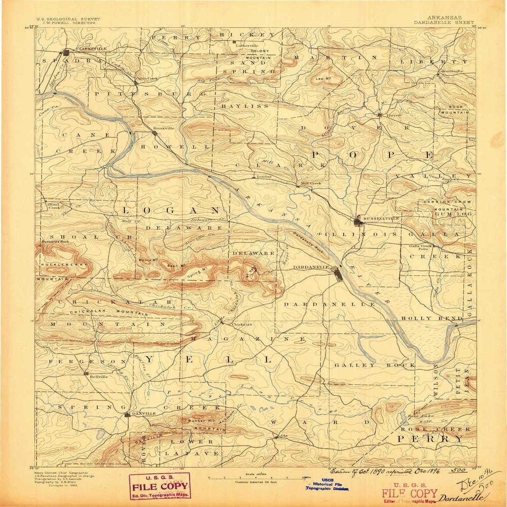 YellowMaps Dardanelle AR topo map, 1:125000 Scale, 30 X 30 Minute, Historical, 1890, Updated 1896, 20.1 x 16.5 in - Polypropylene