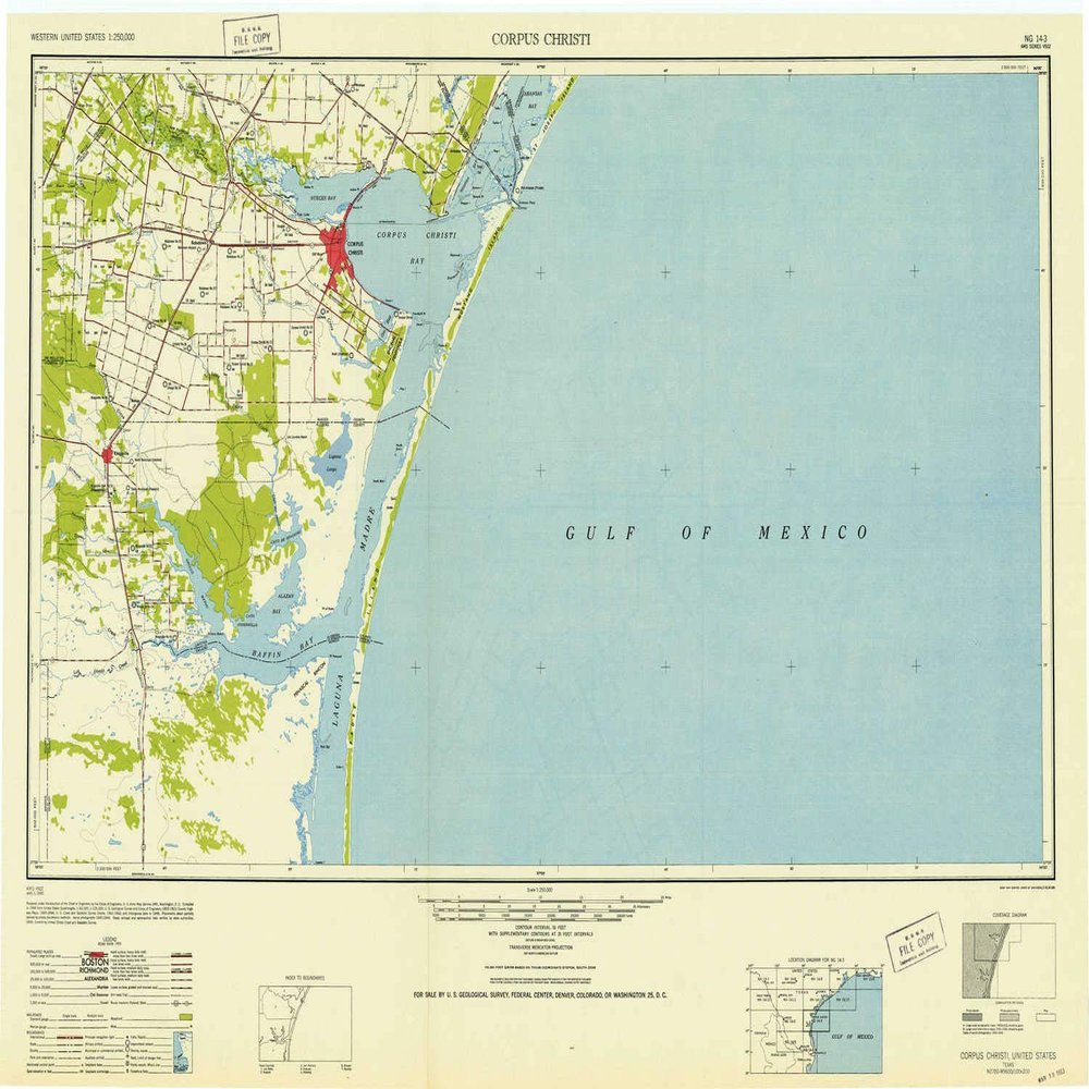 YellowMaps Corpus Christi TX topo map, 1:250000 Scale, 1 X 2 Degree, Historical, 1950, Updated 1953, 24.1 x 33.9 in - Tyvek