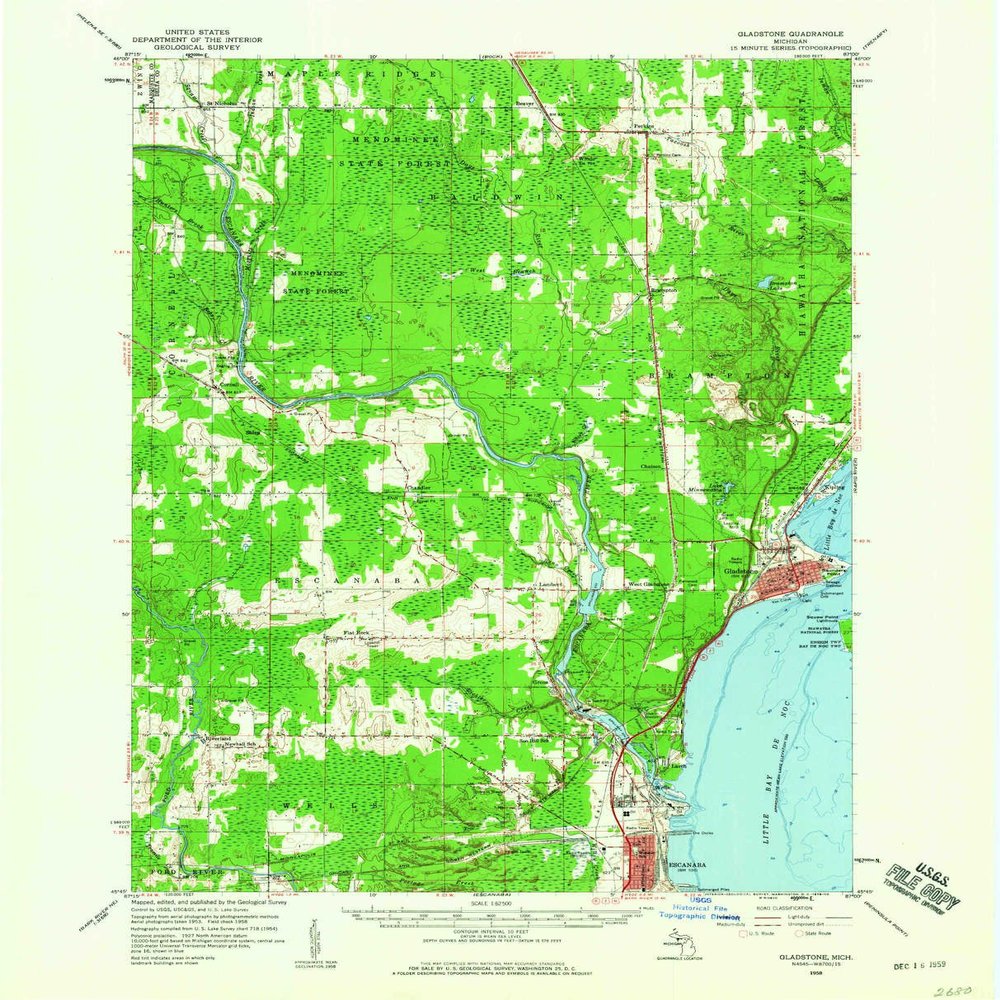 YellowMaps Gladstone MI topo map, 1:62500 Scale, 15 X 15 Minute, Historical, 1958, Updated 1959, 21 x 17 in - Polypropylene