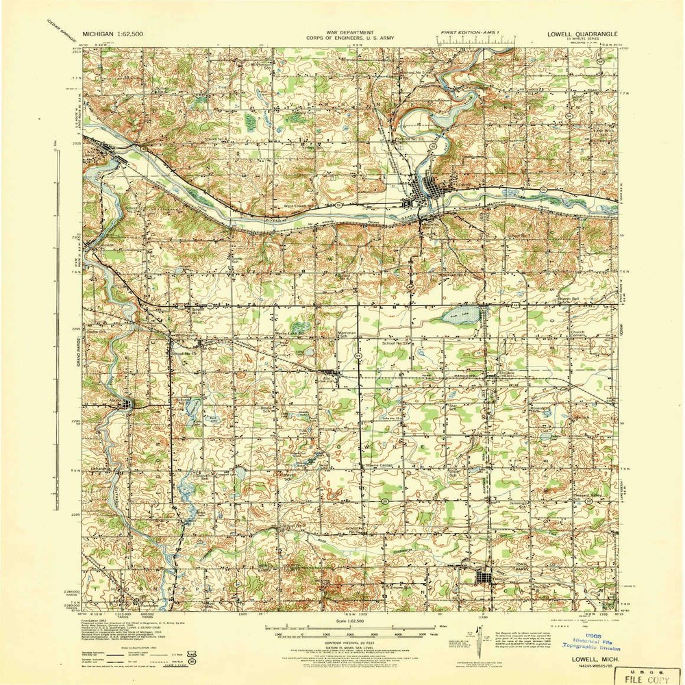 Lowell MI topo map, 1:62500 Scale, 15 X 15 Minute, Historical, 1943, Updated 1944, 21.2 x 16.4 in - Paper